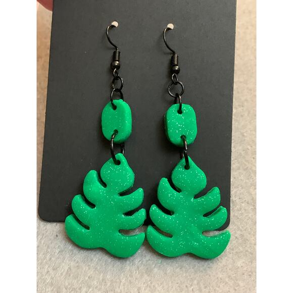 Monstera Leaf Statement Earrings -Handmade Polymer Clay - Glitter - Picture 4 of 5